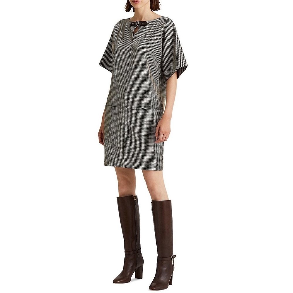 LAUREN RALPH LAUREN NWT Buckle Trim Houndstooth Jacquard Shift Dress Size Medium - Picture 7 of 15